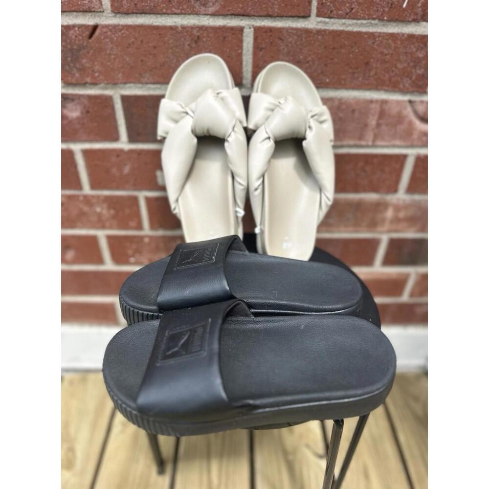 Lot 2 Women’s Slides – PUMA Black Logo Sandals & H&M Beige‎ Bow Slides 2 Pairs
